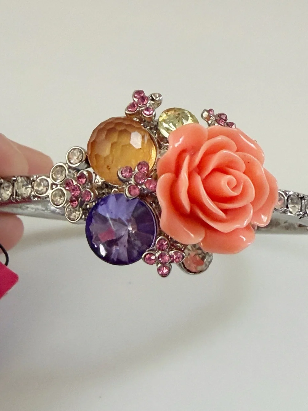 Betsey Johnson Garden Flowers Rhinestone Silver Tone Hinge Bracelet NWT